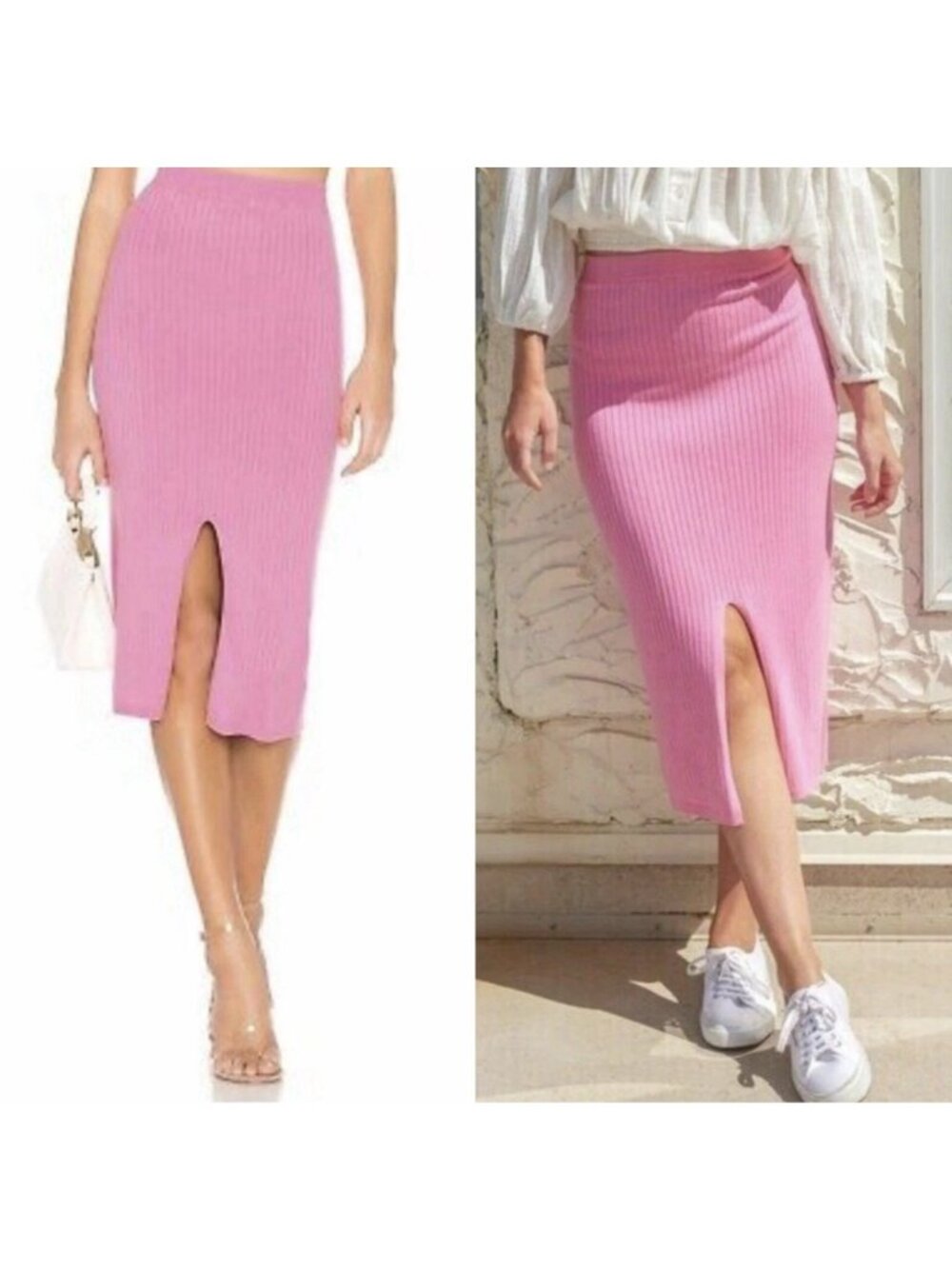 Free People Skyline Pink Fireworks Ribbed Knit Slit Midi Skirt XS With Slit Boho